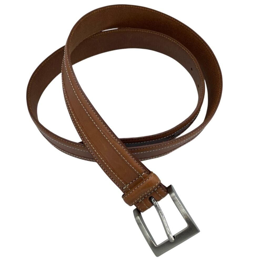 Tan Leather Silver Buckle Adjustable Belt 12/105 Mens Thick Classic Casual